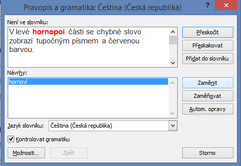 Dialogové okno Pravopis a gramatika
