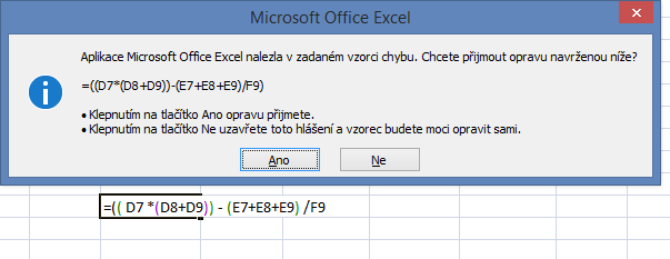 Excel upozorní na chybu v závorkách a navrhne opravu